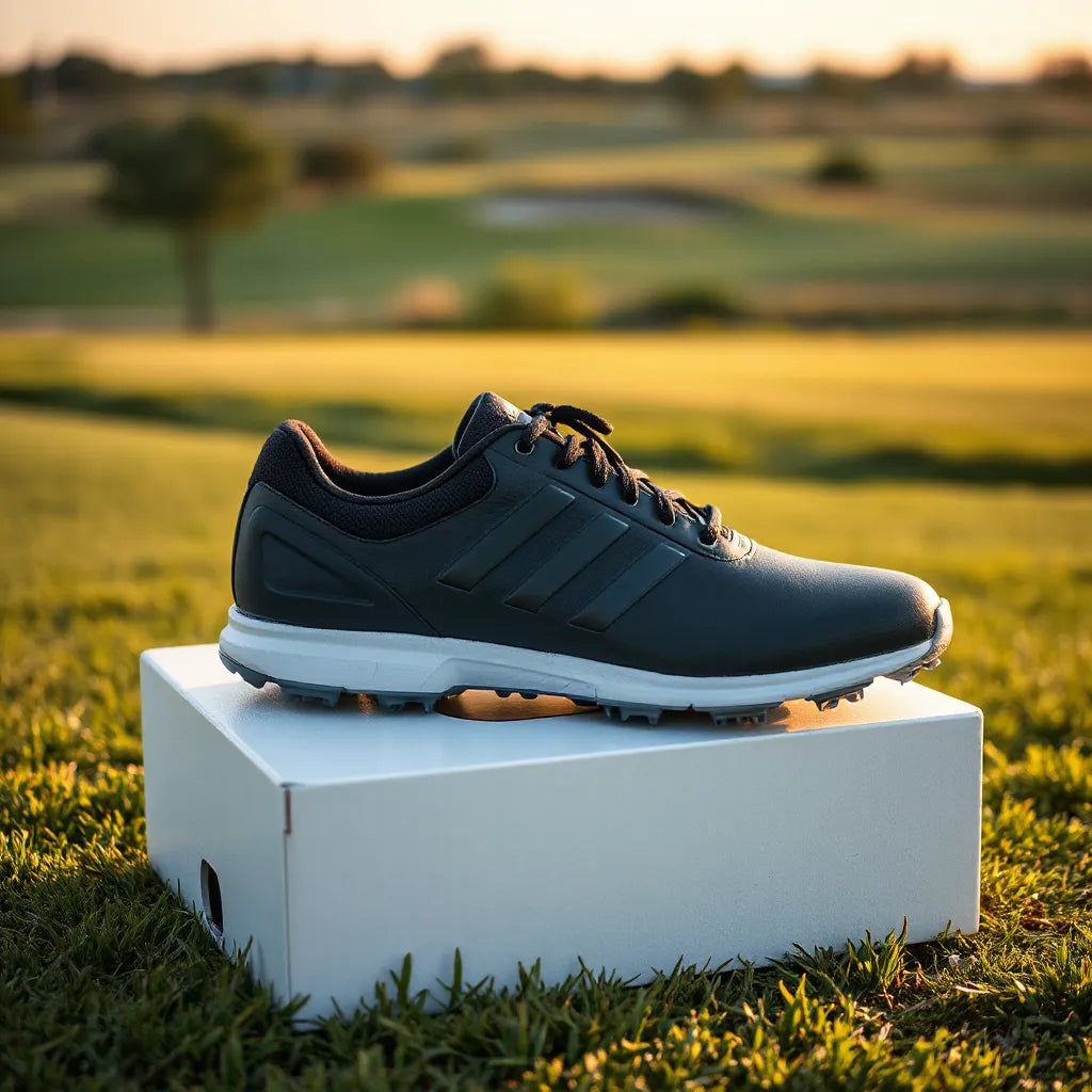 Lace-up golf shoes with textured outsole resting on a tee box beside a trimmed fairway