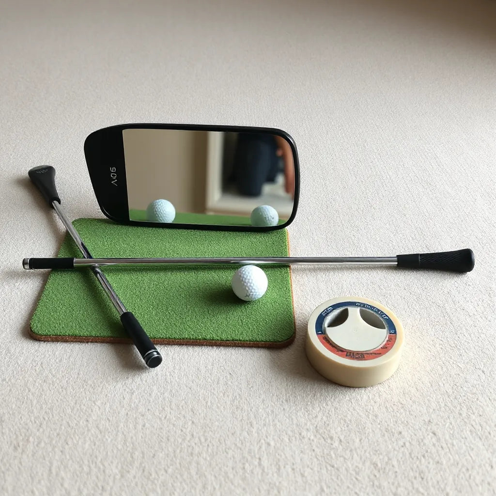 Golf training tools arranged on a practice mat including alignment sticks and a swing trainer