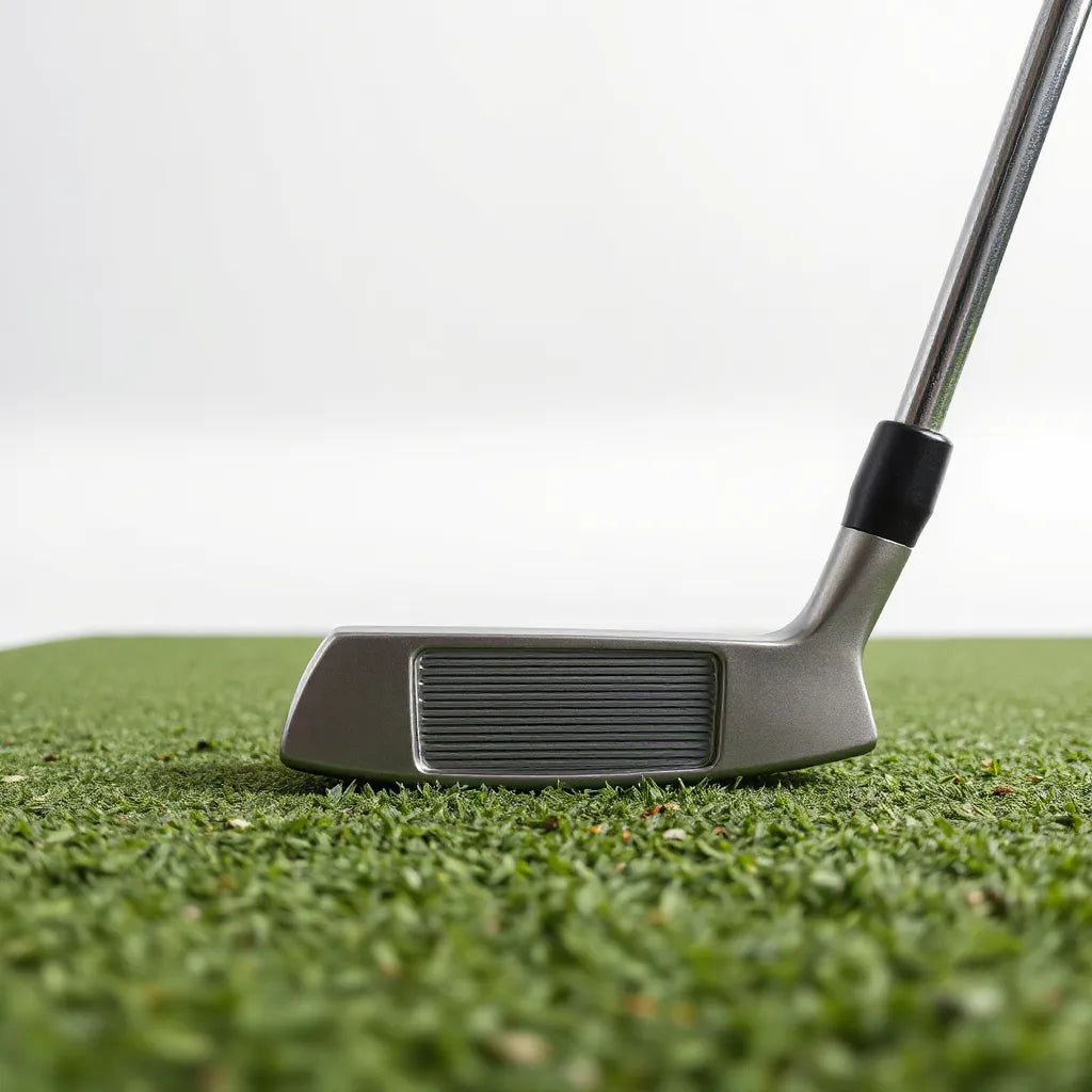 Stepped steel shaft putter on a putting green with clear view of the shaft sections