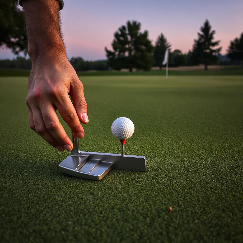 Man’s hands holding a golf putter over a ball on a smooth putting green at dusk