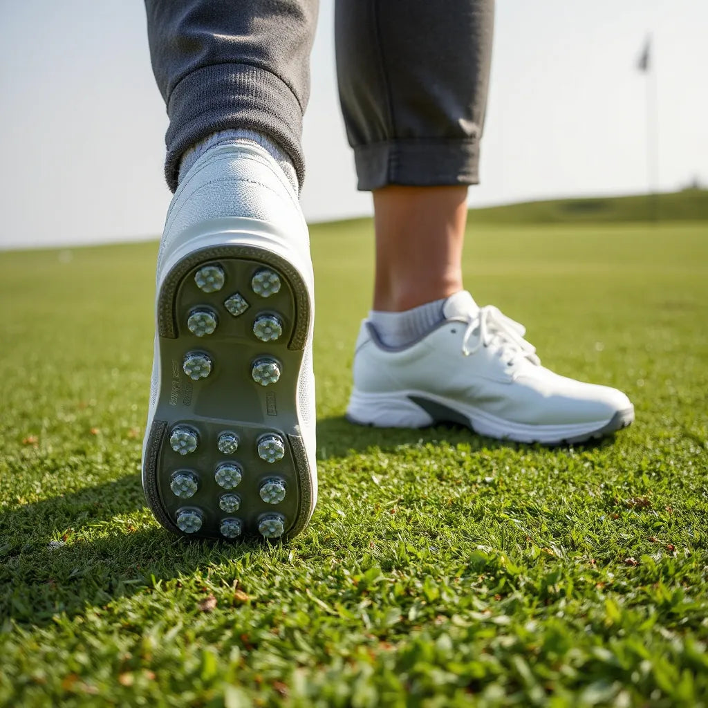 Spikeless golf shoes on a fairway with visible rubber traction outsole