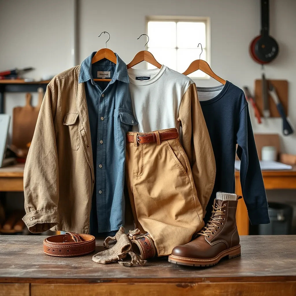 Casual workwear outfit laid out on a workbench with jacket, pants, and leather boots