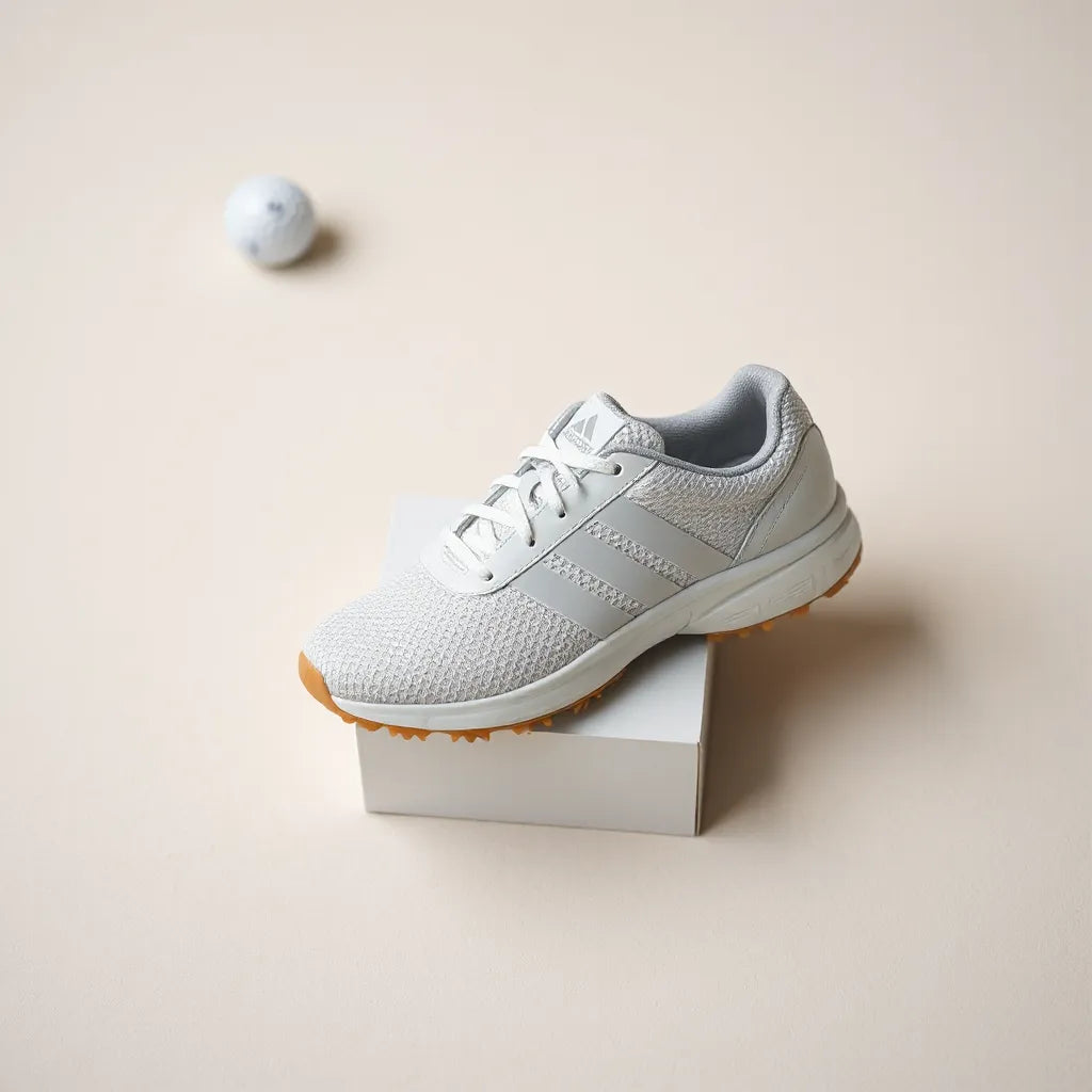 Women’s golf shoes with visible tread and cushioning on a tee box in natural daylight
