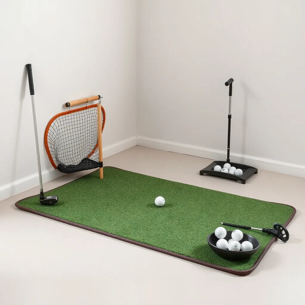 Home golf practice setup with putting mat, chipping target, and training tools