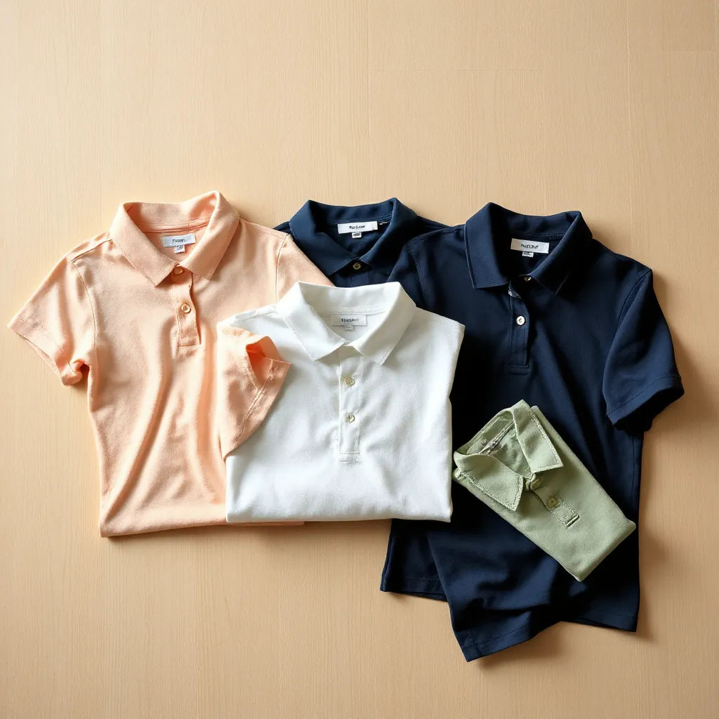 Neatly arranged women’s polo shirts in multiple colors with collars and buttons visible on a wooden surface