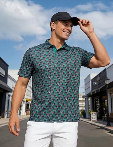MAGCOMSEN Mens Golf Shirt Short Sleeve Dry Fit Moisture Wicking Golf Polos Casual Performance Print Collared Shirt Men