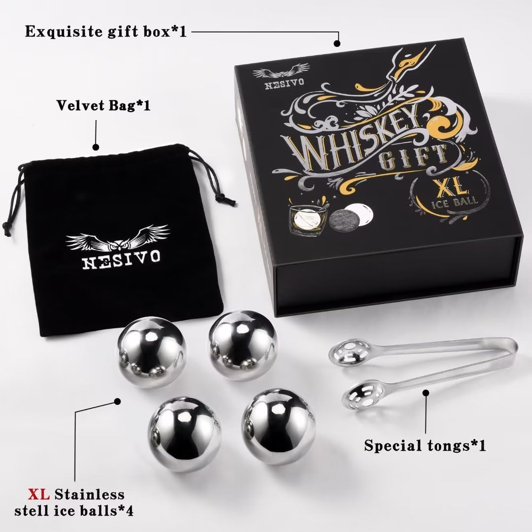 PONPUR Men's Golfer Gifts, Valentines Day Anniversary Birthday Gifts for Dad Him Husband, 4 Whiskey Golf Balls with 1 Tongs, Reusable Stainless Steel Golf Ice Balls Whiskey Gift for Golf Lover