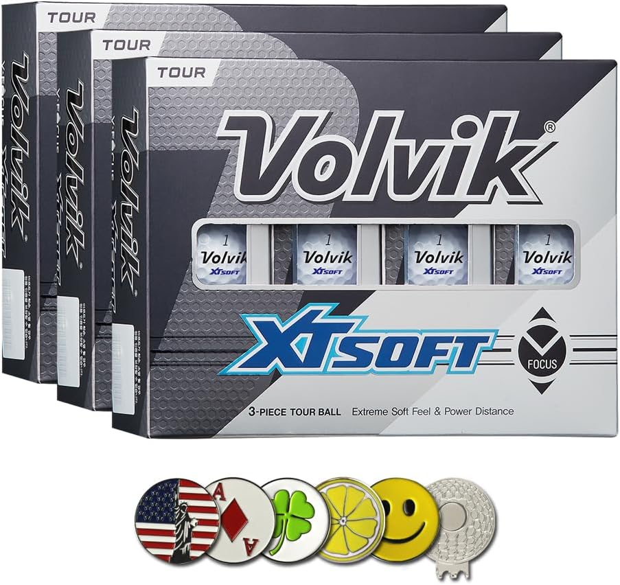 New Volvik XT Soft Extreme Soft Feel and Power Distance, 3-Piece Construction Urethane Cover Golf Ball. 3 Dozen (White) with 5 Ball Marker and 1 Magnet Hat Clip