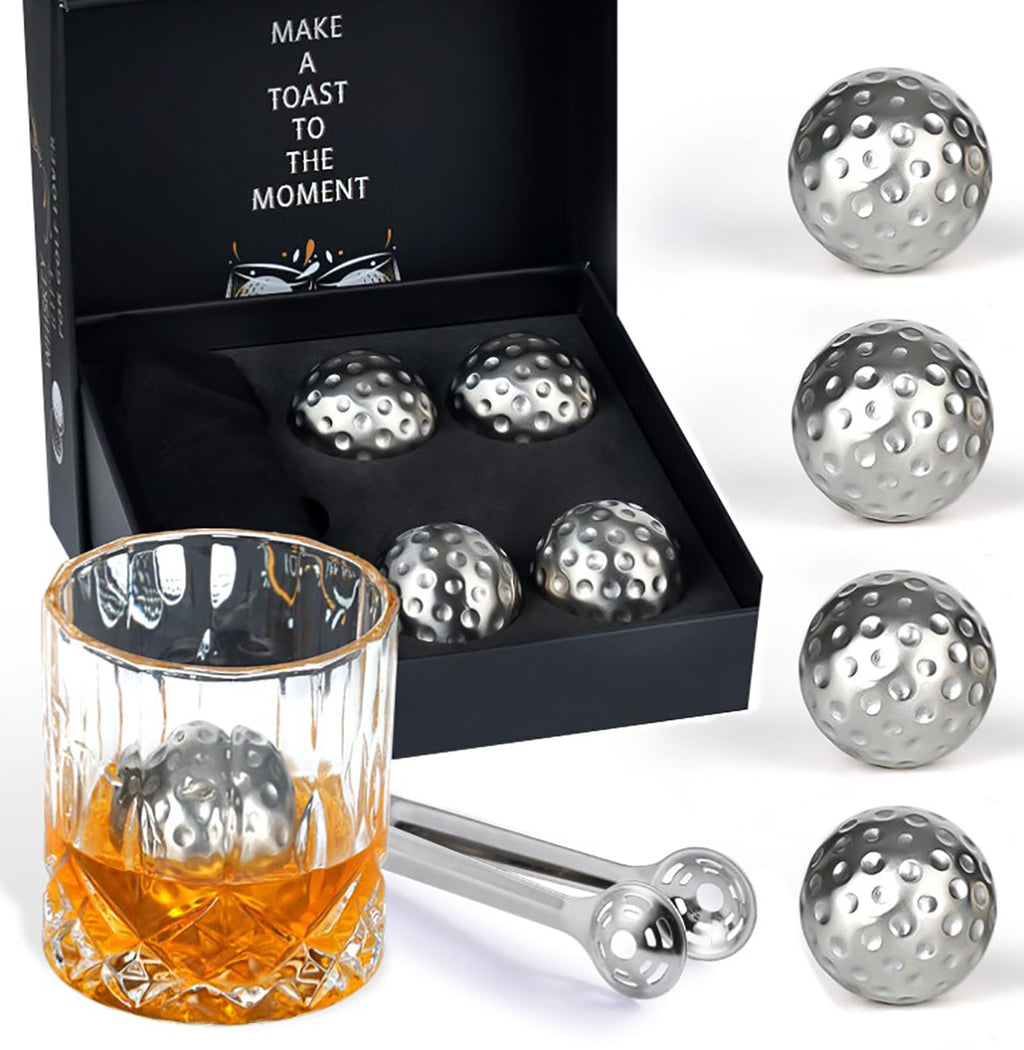 PONPUR Men's Golfer Gifts, Valentines Day Anniversary Birthday Gifts for Dad Him Husband, 4 Whiskey Golf Balls with 1 Tongs, Reusable Stainless Steel Golf Ice Balls Whiskey Gift for Golf Lover