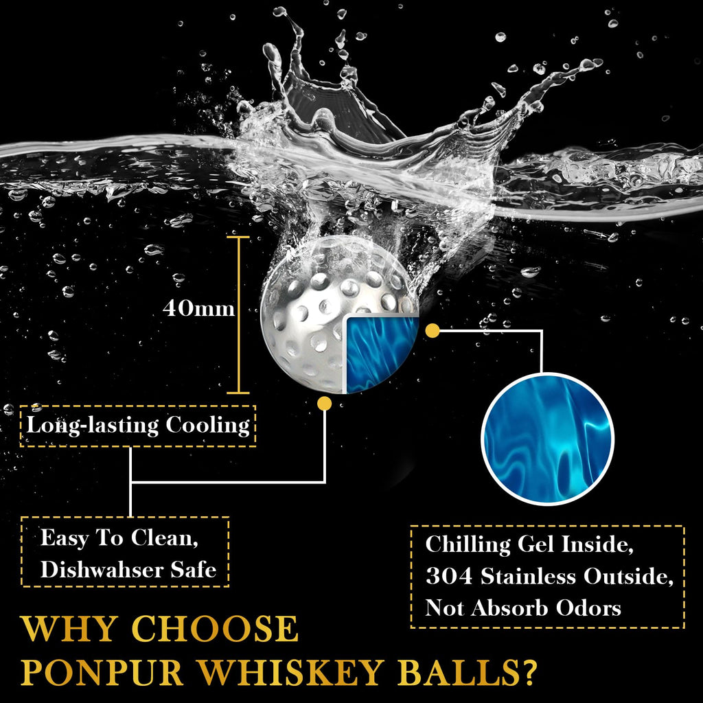 PONPUR Men's Golfer Gifts, Valentines Day Anniversary Birthday Gifts for Dad Him Husband, 4 Whiskey Golf Balls with 1 Tongs, Reusable Stainless Steel Golf Ice Balls Whiskey Gift for Golf Lover