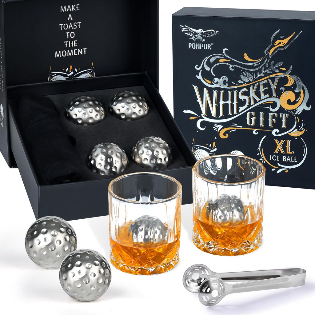 PONPUR Men's Golfer Gifts, Valentines Day Anniversary Birthday Gifts for Dad Him Husband, 4 Whiskey Golf Balls with 1 Tongs, Reusable Stainless Steel Golf Ice Balls Whiskey Gift for Golf Lover