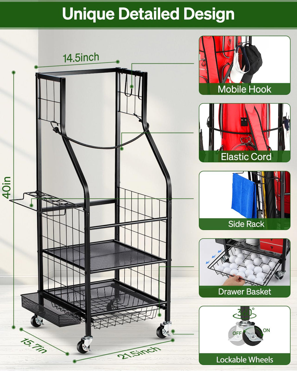 Golf Bags Storage Garage Organizer - Golf Bag Stand Fit Single Golf Bags, Golf Clubs, and Golf Equipment Accessories, Golf Bag Storage Rack with Wheels for Garage, Club, Shed, Basement