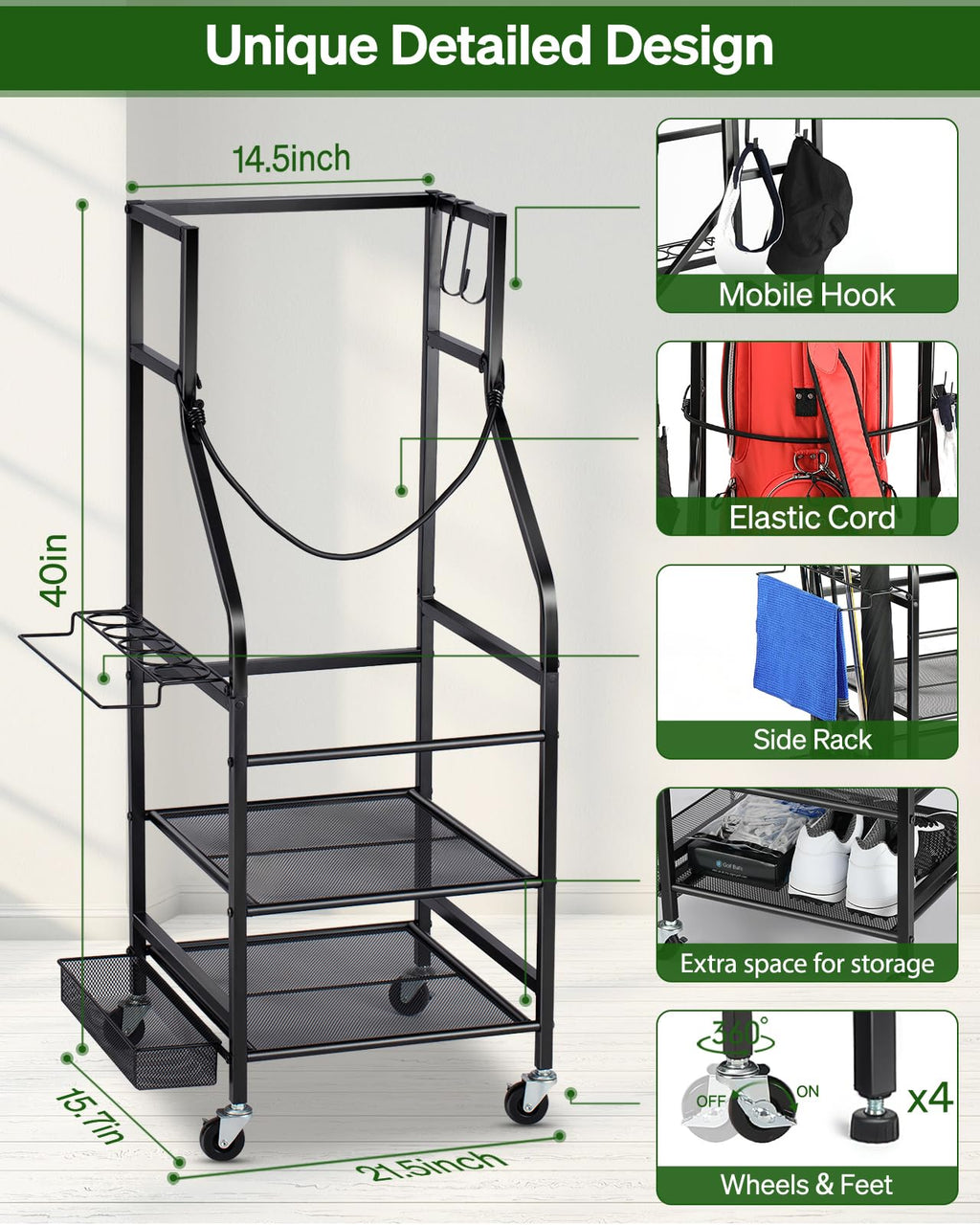 Golf Bags Storage Garage Organizer - Golf Bag Stand Fit Single Golf Bags, Golf Clubs, and Golf Equipment Accessories, Golf Bag Storage Rack with Wheels for Garage, Club, Shed, Basement
