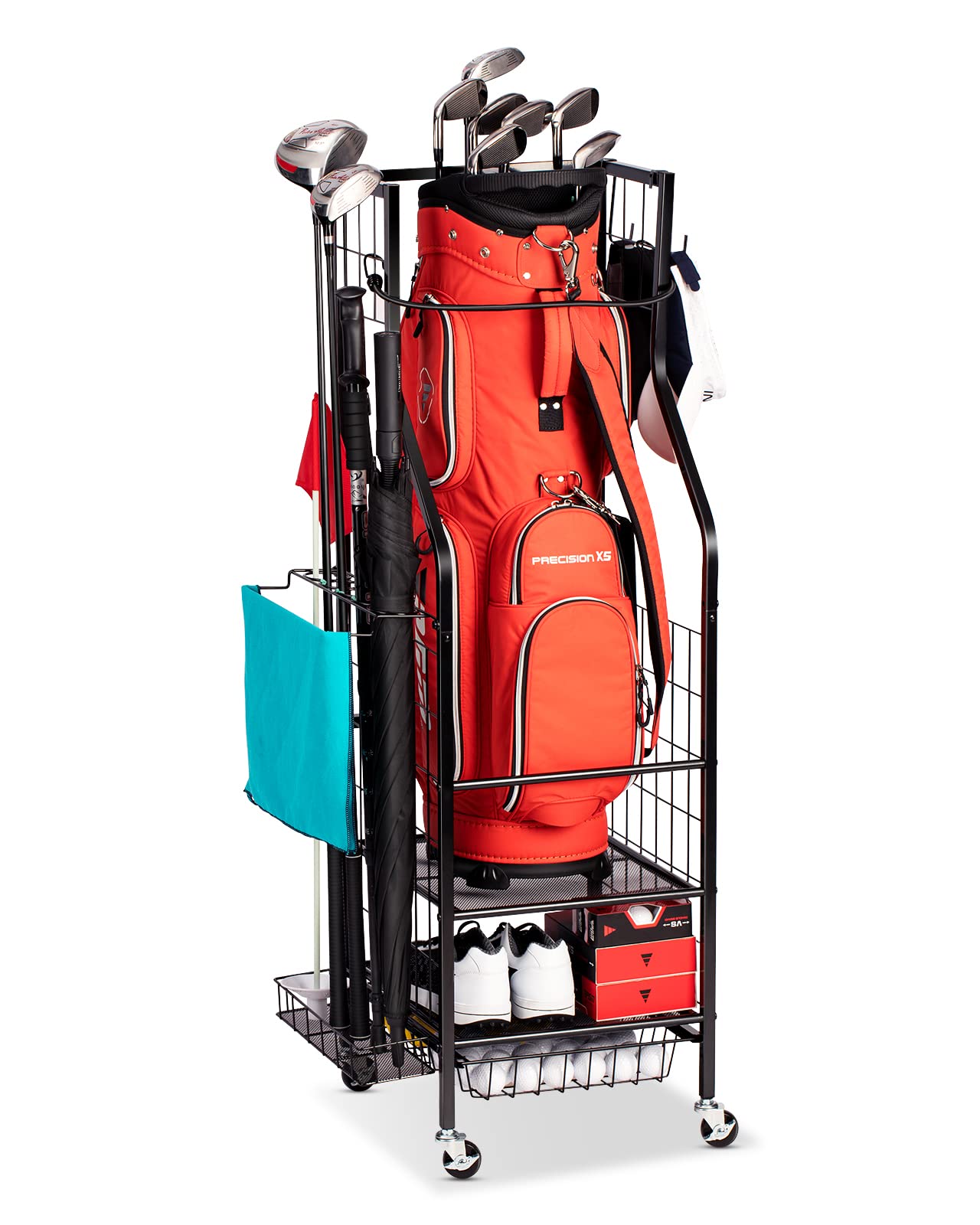 Golf Bags Storage Garage Organizer - Golf Bag Stand Fit Single Golf Bags, Golf Clubs, and Golf Equipment Accessories, Golf Bag Storage Rack with Wheels for Garage, Club, Shed, Basement