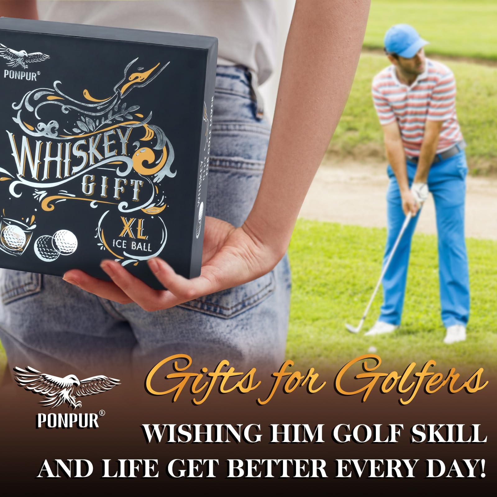PONPUR Men's Golfer Gifts, Valentines Day Anniversary Birthday Gifts for Dad Him Husband, 4 Whiskey Golf Balls with 1 Tongs, Reusable Stainless Steel Golf Ice Balls Whiskey Gift for Golf Lover