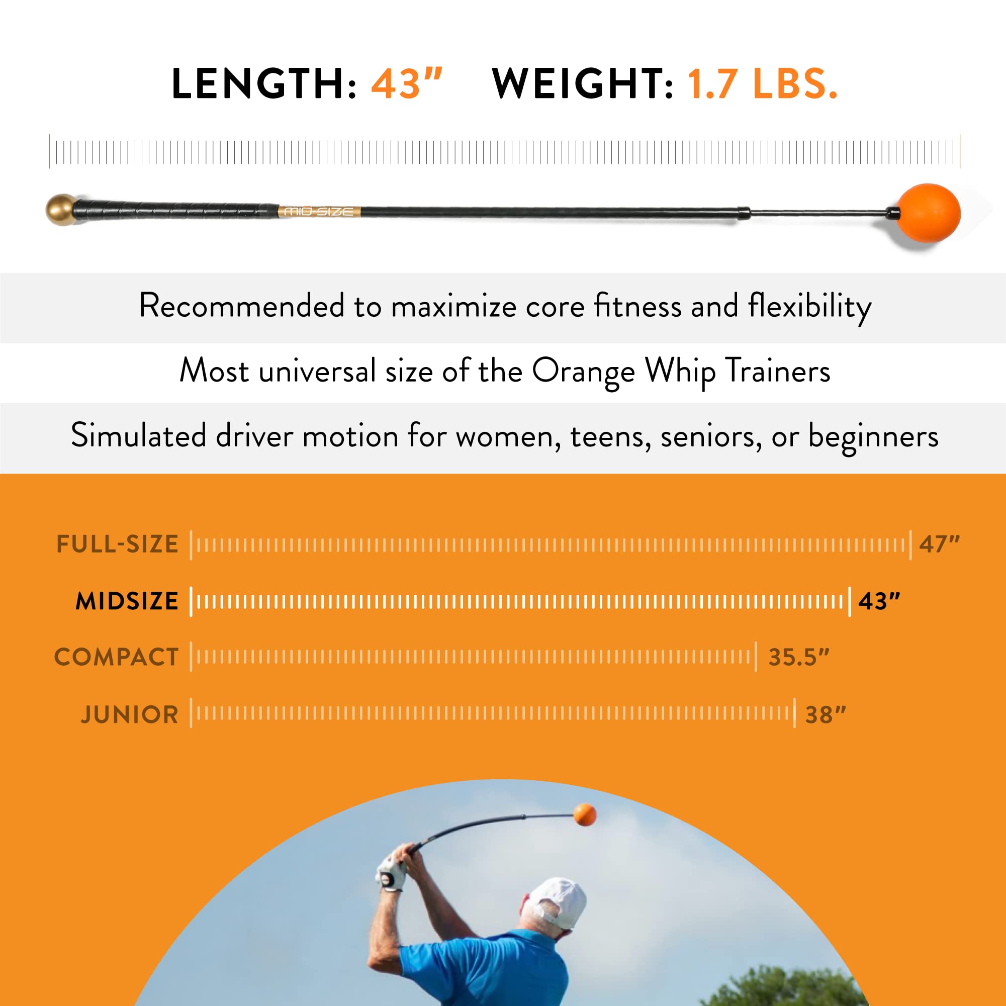 Orange Whip Golf Swing Trainer Aid Patented & Made in USA for Improved Rhythm, Flexibility, Balance, Tempo, and Strength *American Made*