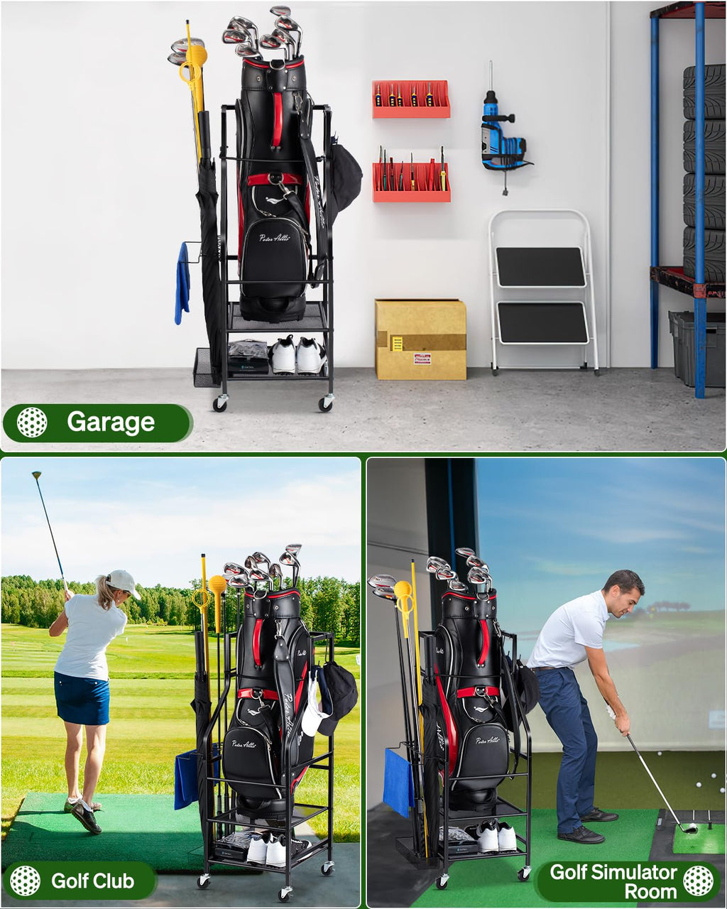 Golf Bags Storage Garage Organizer - Golf Bag Stand Fit Single Golf Bags, Golf Clubs, and Golf Equipment Accessories, Golf Bag Storage Rack with Wheels for Garage, Club, Shed, Basement