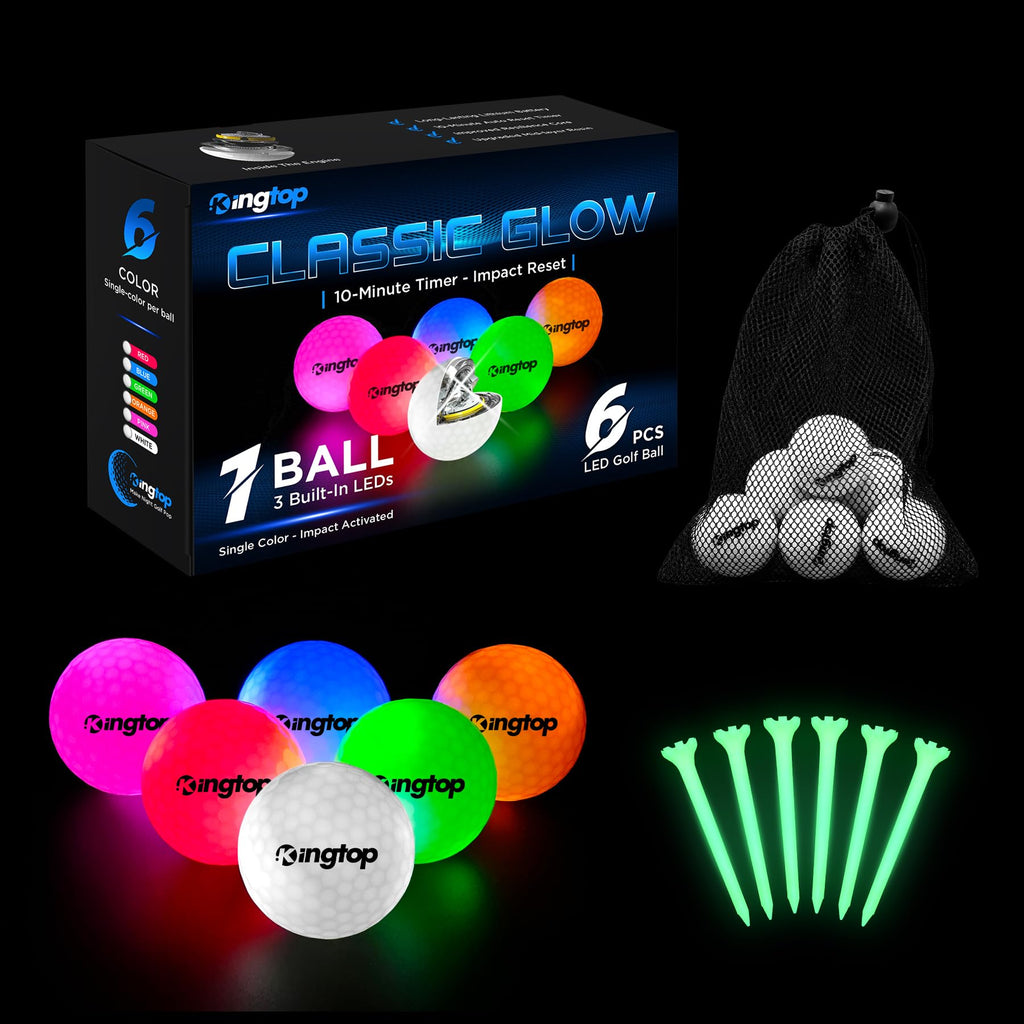KINGTOP Upgraded Glow in The Dark Golf Balls - Super Bright Light Up LED Golf Ball - with Glow Golf Tees and Storage Bag - Fun Night Golfing Gift for Men and Women | Backyard Putting Greens
