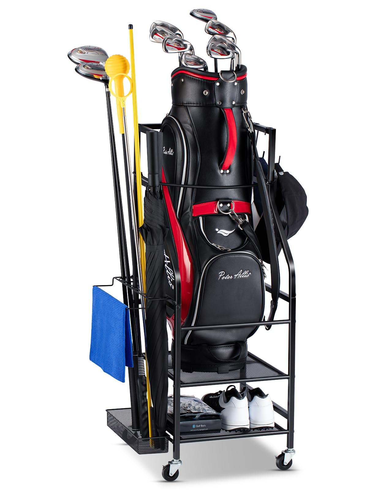 Golf Bags Storage Garage Organizer - Golf Bag Stand Fit Single Golf Bags, Golf Clubs, and Golf Equipment Accessories, Golf Bag Storage Rack with Wheels for Garage, Club, Shed, Basement