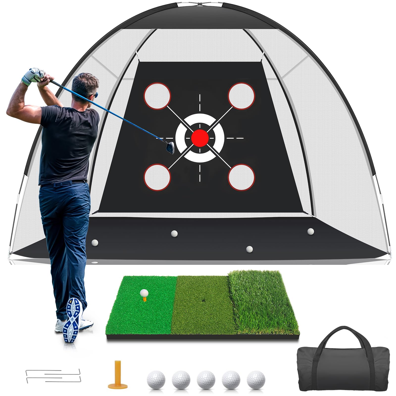 Golf Net with Practice Mat,Golf Hitting Aid Nets 10x7FT for Backyard Driving Chipping Training Swing with Target Mat Balls for Outdoor Indoor，Gifts for Men Dad Him and Golfer