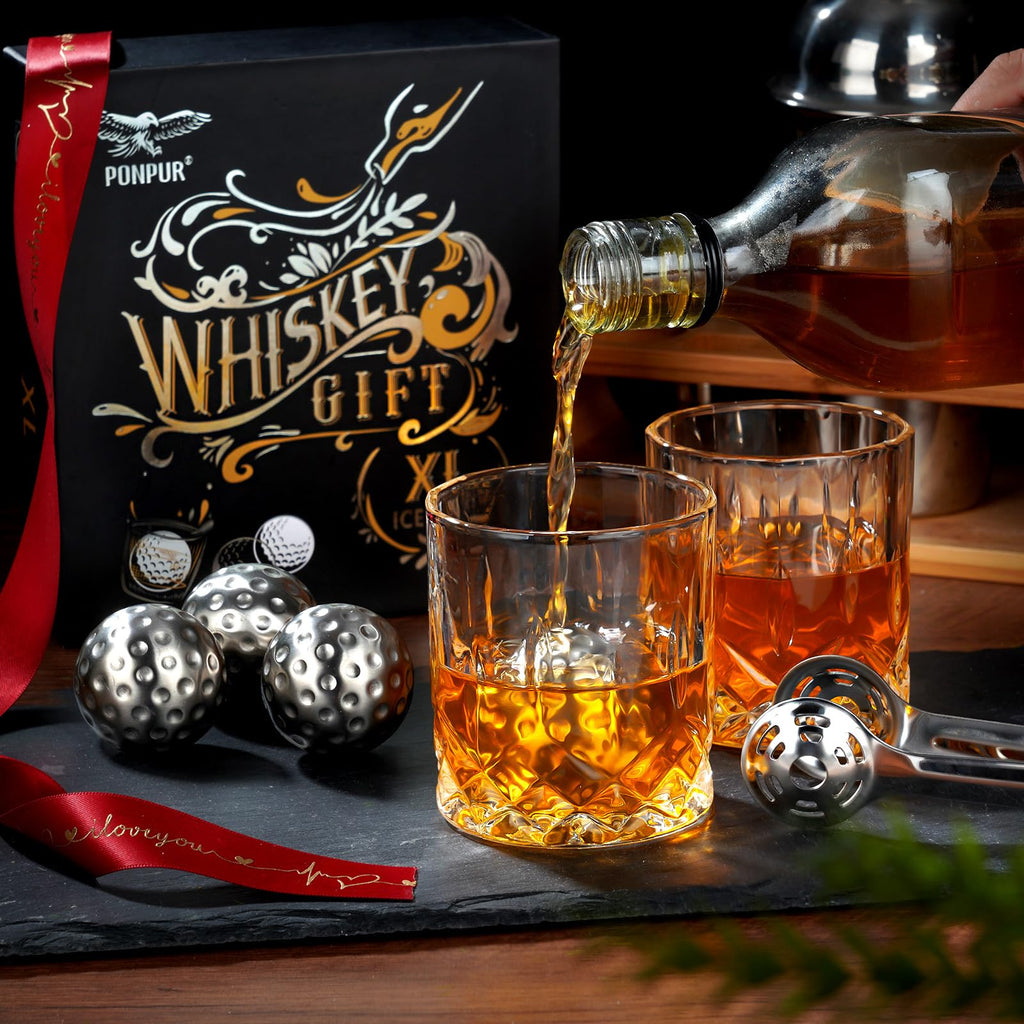 PONPUR Men's Golfer Gifts, Valentines Day Anniversary Birthday Gifts for Dad Him Husband, 4 Whiskey Golf Balls with 1 Tongs, Reusable Stainless Steel Golf Ice Balls Whiskey Gift for Golf Lover