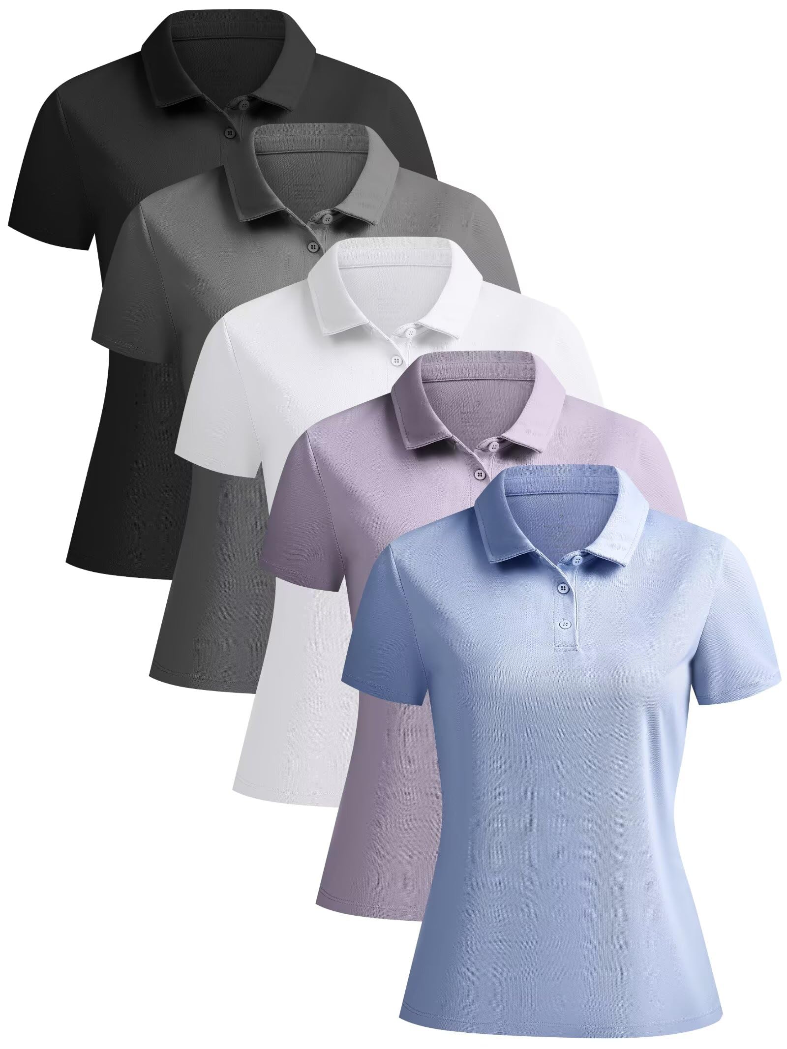 5 Pack Women's Polo Shirts Short Sleeve 3 Buttons Collared Uniform Tops Moisture-Wicking T-Shirts for Work & Casual