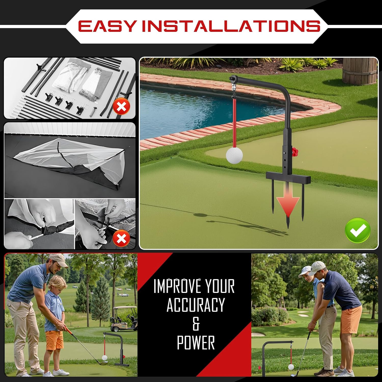 Golf Swing Trainer - Durable Iron Practice Golf Swing Training Aid - Golf Accessories for Kids & Youth with Replacement Ball Included & Height Adjustment Golf Accessories for Gift