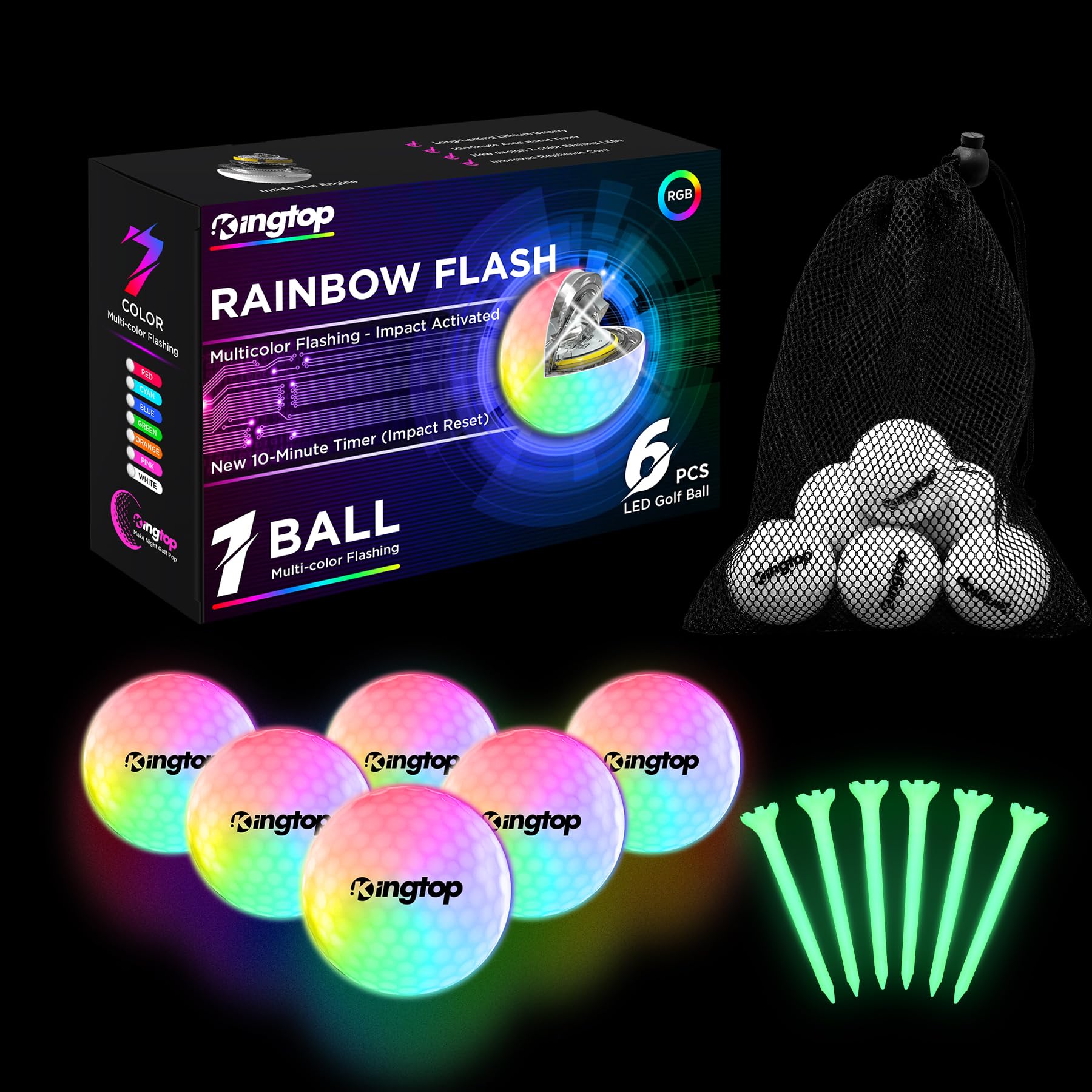 KINGTOP Upgraded Glow in The Dark Golf Balls - Super Bright Light Up LED Golf Ball - with Glow Golf Tees and Storage Bag - Fun Night Golfing Gift for Men and Women | Backyard Putting Greens