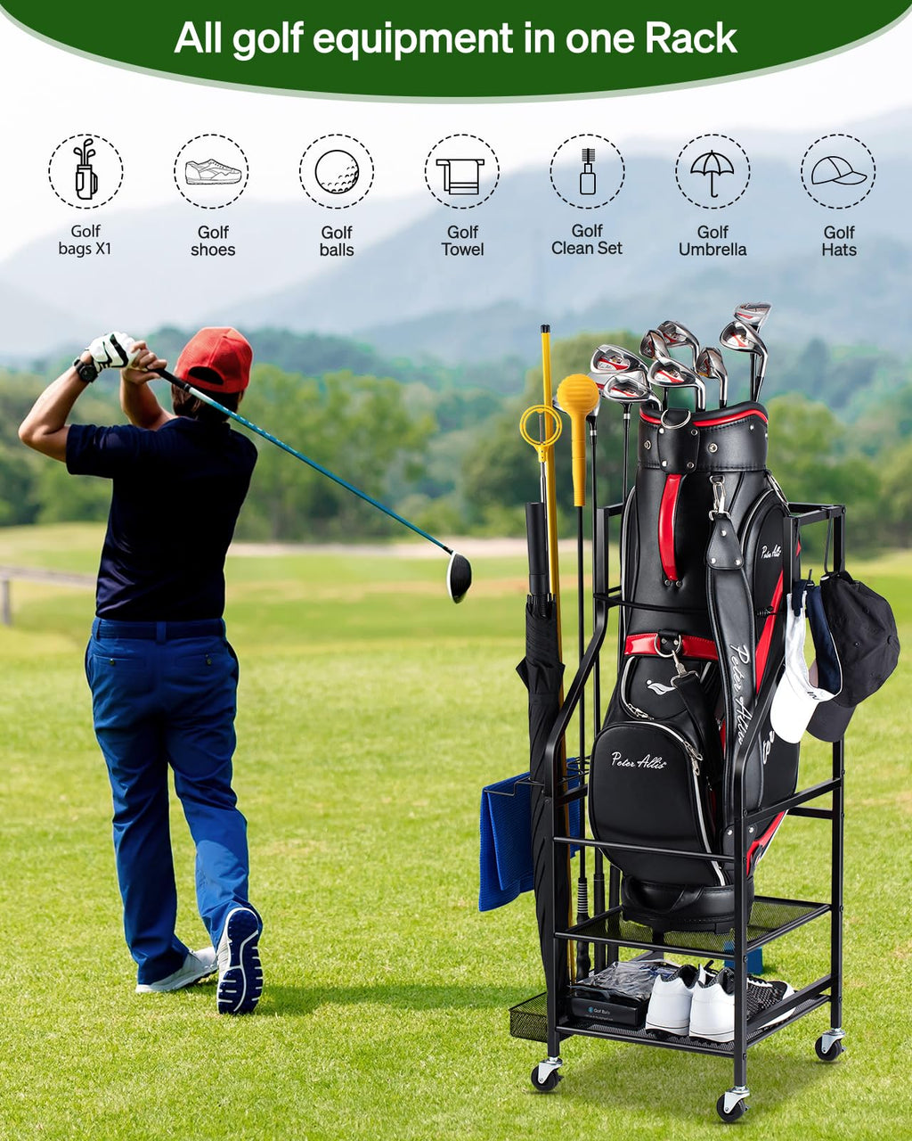 Golf Bags Storage Garage Organizer - Golf Bag Stand Fit Single Golf Bags, Golf Clubs, and Golf Equipment Accessories, Golf Bag Storage Rack with Wheels for Garage, Club, Shed, Basement