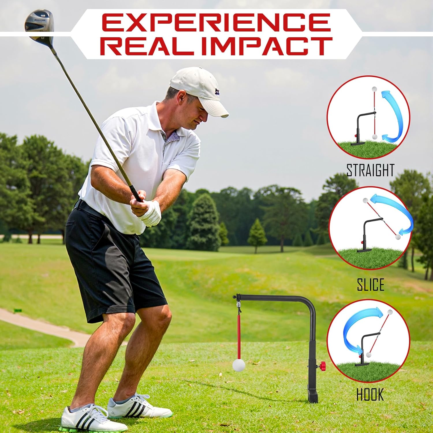 Golf Swing Trainer - Durable Iron Practice Golf Swing Training Aid - Golf Accessories for Kids & Youth with Replacement Ball Included & Height Adjustment Golf Accessories for Gift