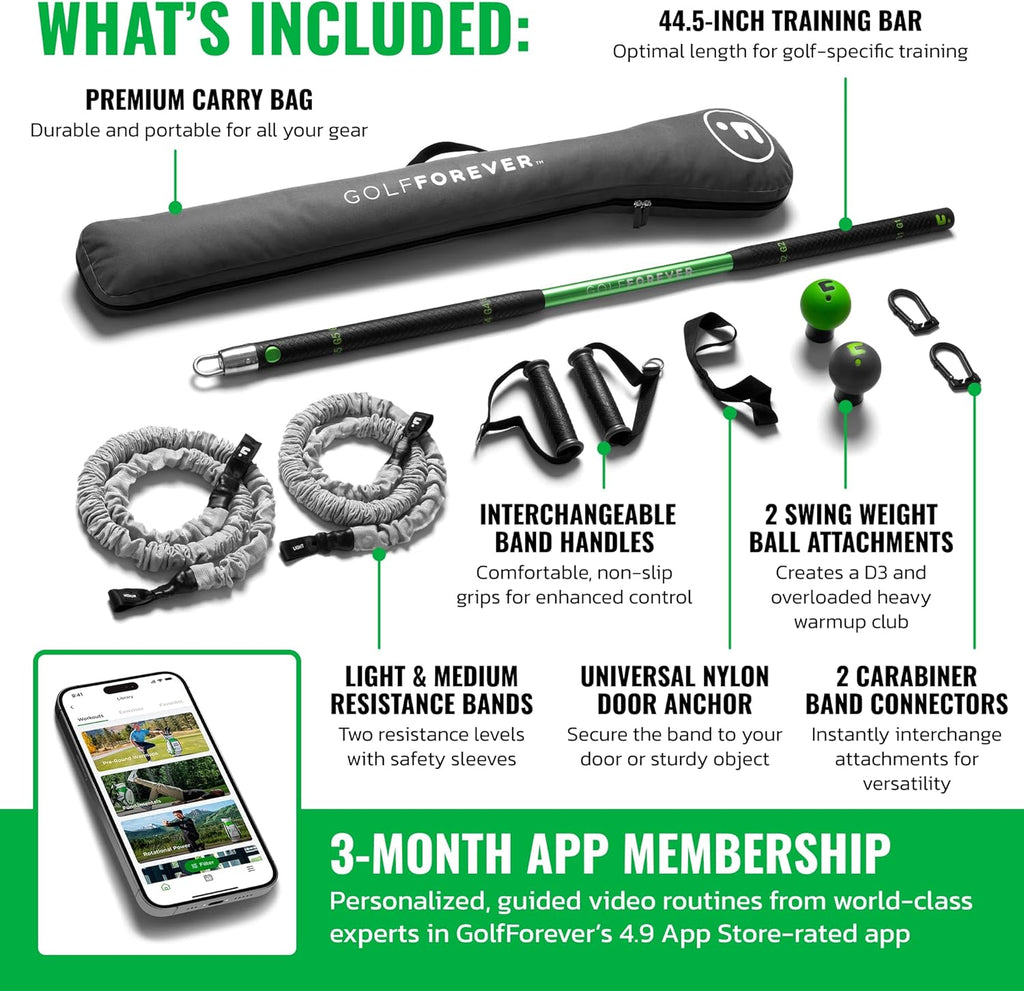 GolfForever Swing Trainer + 3-Month App Membership – Golf Exercise & Pain Relief Video Routines – Improve Flexibility, Gain Distance, Build Strength & Reduce Golf-Related Pain