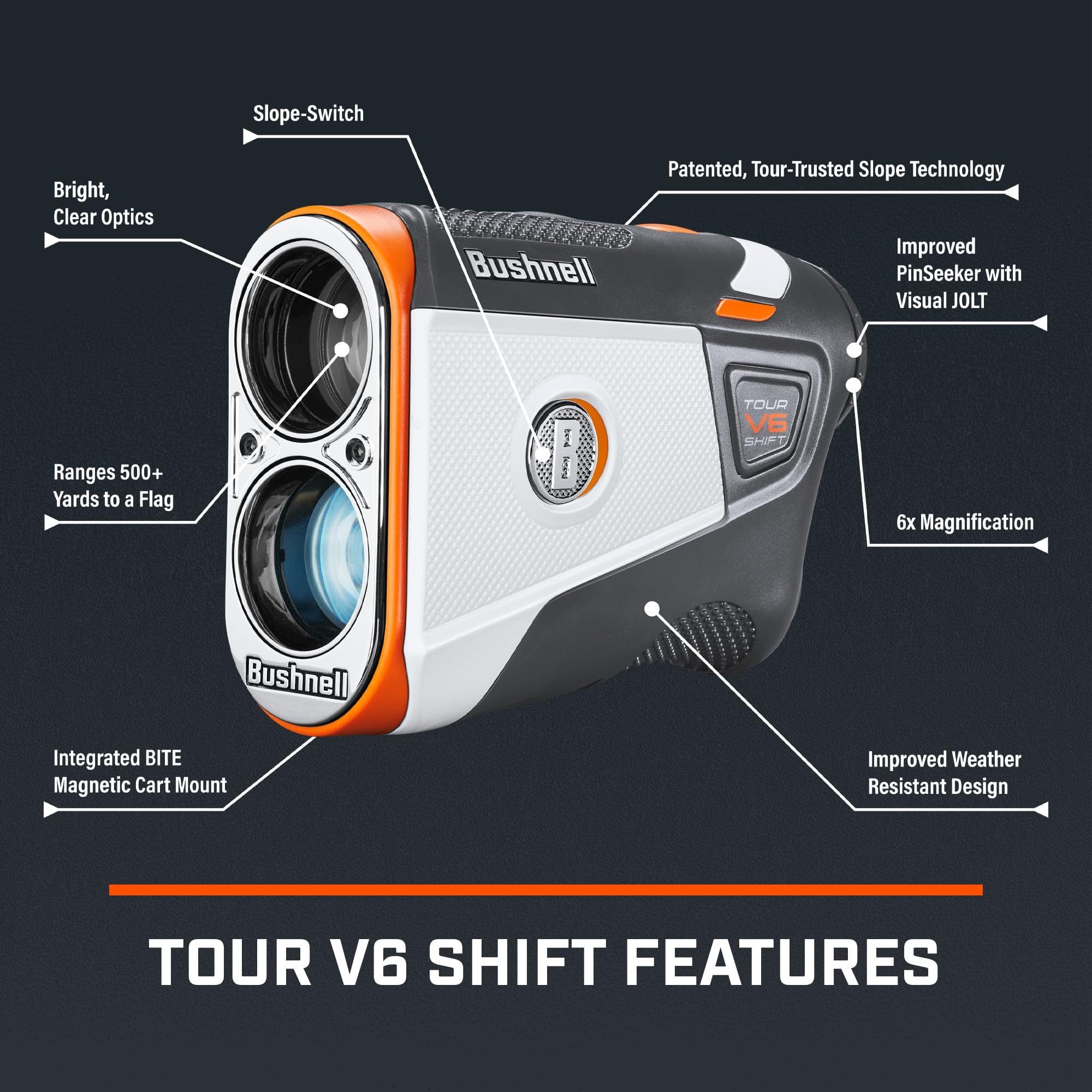 Bushnell Golf Tour V6 Shift Laser Rangefinder with Slope Compensation, 1300-Yard Range, Flag Lock Vibration, Magnetic Cart Mount, 6X Magnification, Waterproof – Tournament Legal