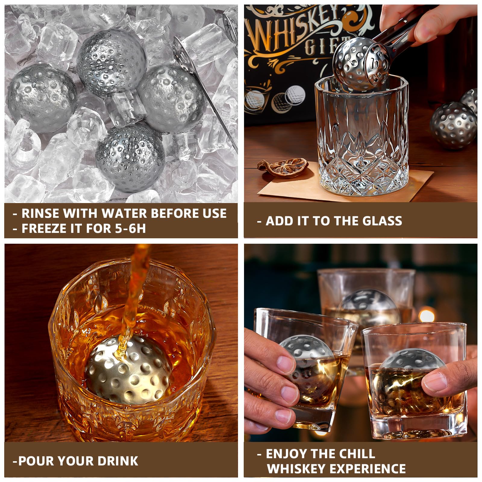 PONPUR Men's Golfer Gifts, Valentines Day Anniversary Birthday Gifts for Dad Him Husband, 4 Whiskey Golf Balls with 1 Tongs, Reusable Stainless Steel Golf Ice Balls Whiskey Gift for Golf Lover