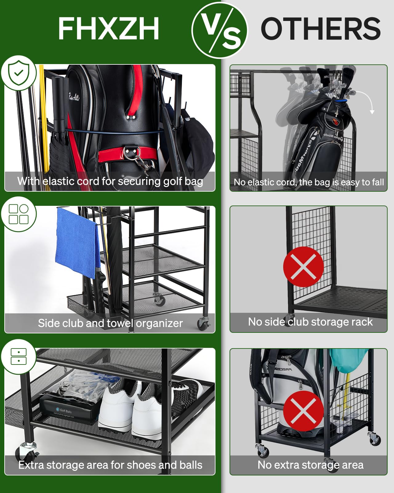 Golf Bags Storage Garage Organizer - Golf Bag Stand Fit Single Golf Bags, Golf Clubs, and Golf Equipment Accessories, Golf Bag Storage Rack with Wheels for Garage, Club, Shed, Basement