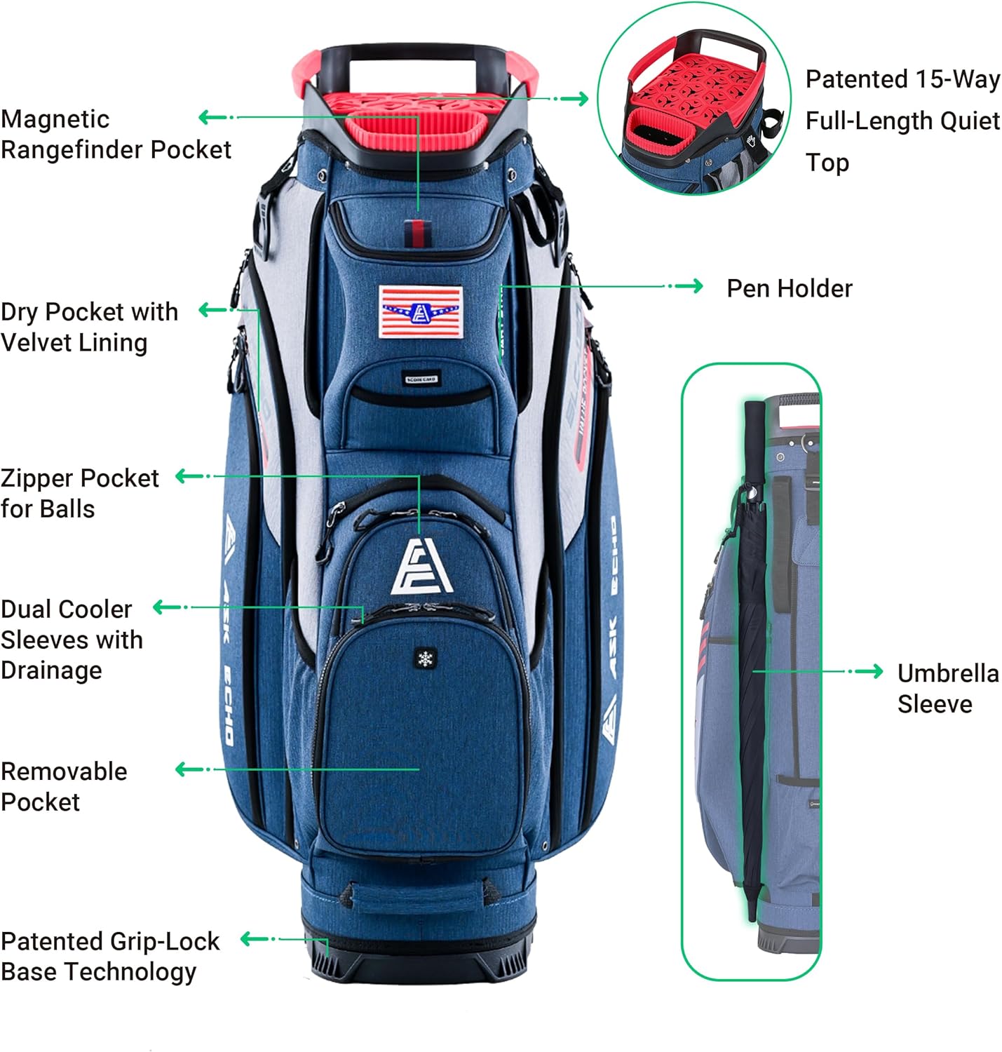 ASK ECHO SLC-130 Golf Cart Bag with 15 Way Full Length Dividers Top, Premium Quiet Golf Cart Bag with Rain Cover for Men