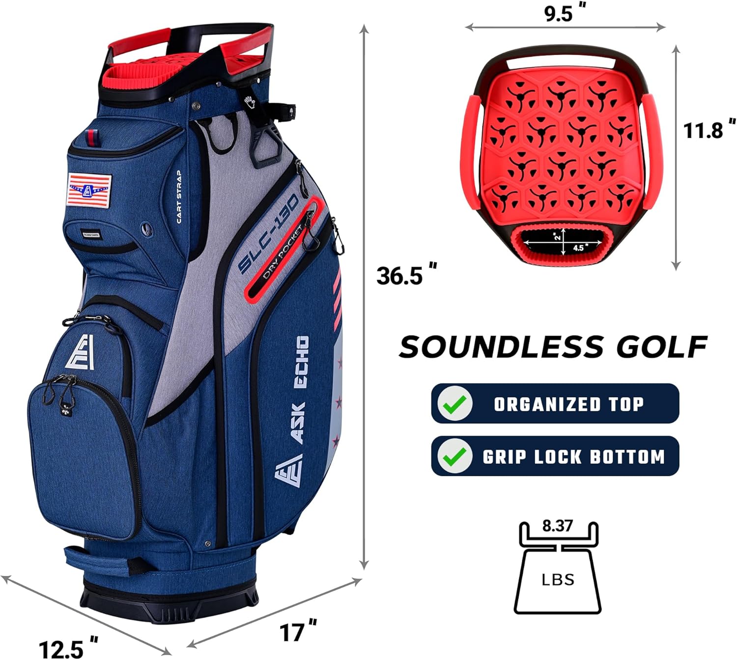 ASK ECHO SLC-130 Golf Cart Bag with 15 Way Full Length Dividers Top, Premium Quiet Golf Cart Bag with Rain Cover for Men