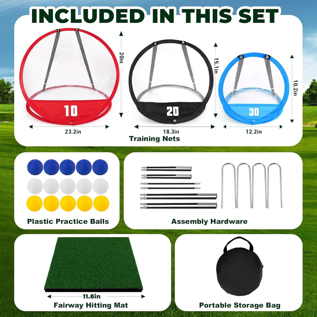 Golf Chipping Net, Golf Chipping Game, 3Pcs Pop-Up Golf Practice Net Backyard with 3 Targets, 15 Balls, 1 Hitting Mat, 1 Storage Bag, Indoor Outdoor Game Gift(Golf Clubs not Included)