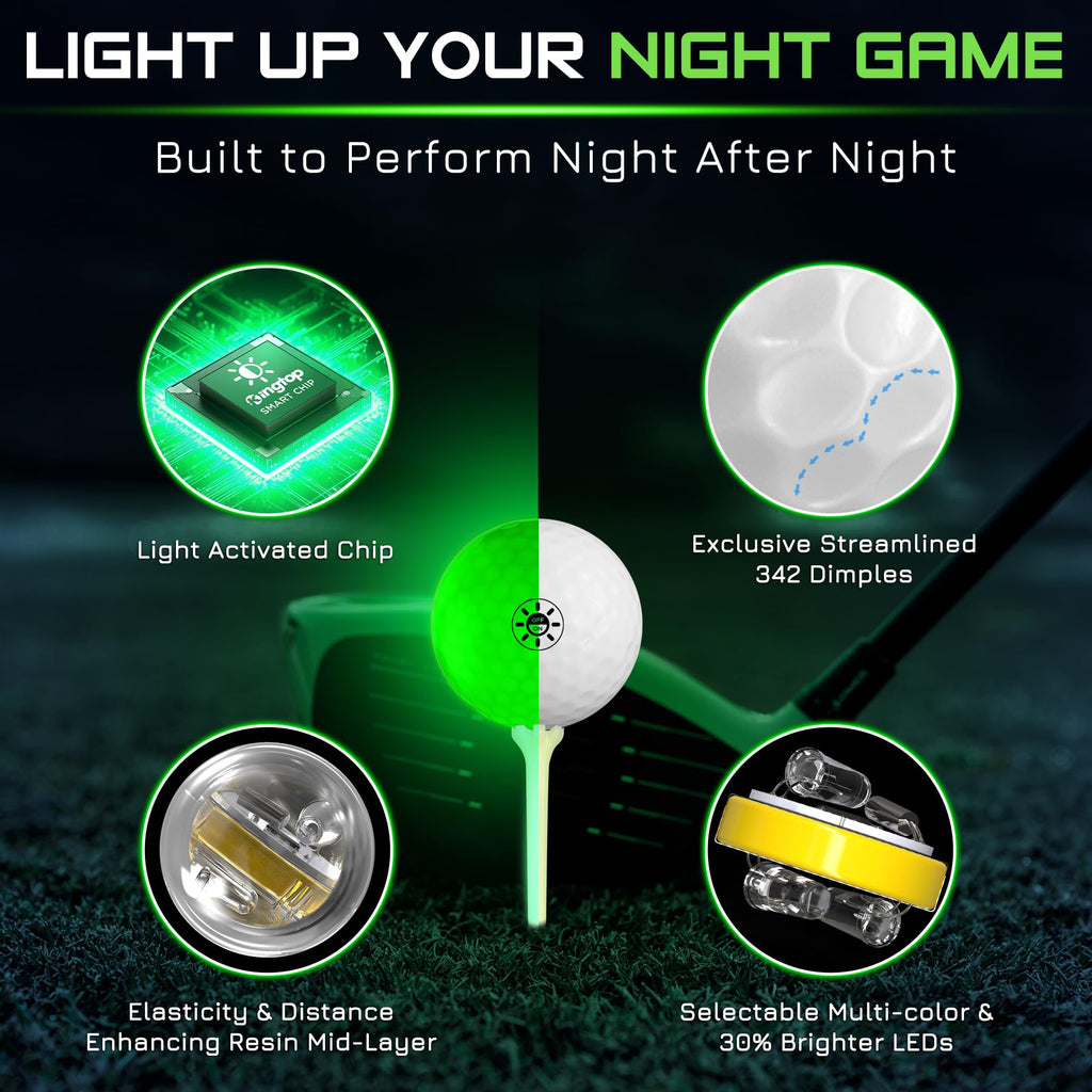 KINGTOP Upgraded Glow in The Dark Golf Balls - Super Bright Light Up LED Golf Ball - with Glow Golf Tees and Storage Bag - Fun Night Golfing Gift for Men and Women | Backyard Putting Greens
