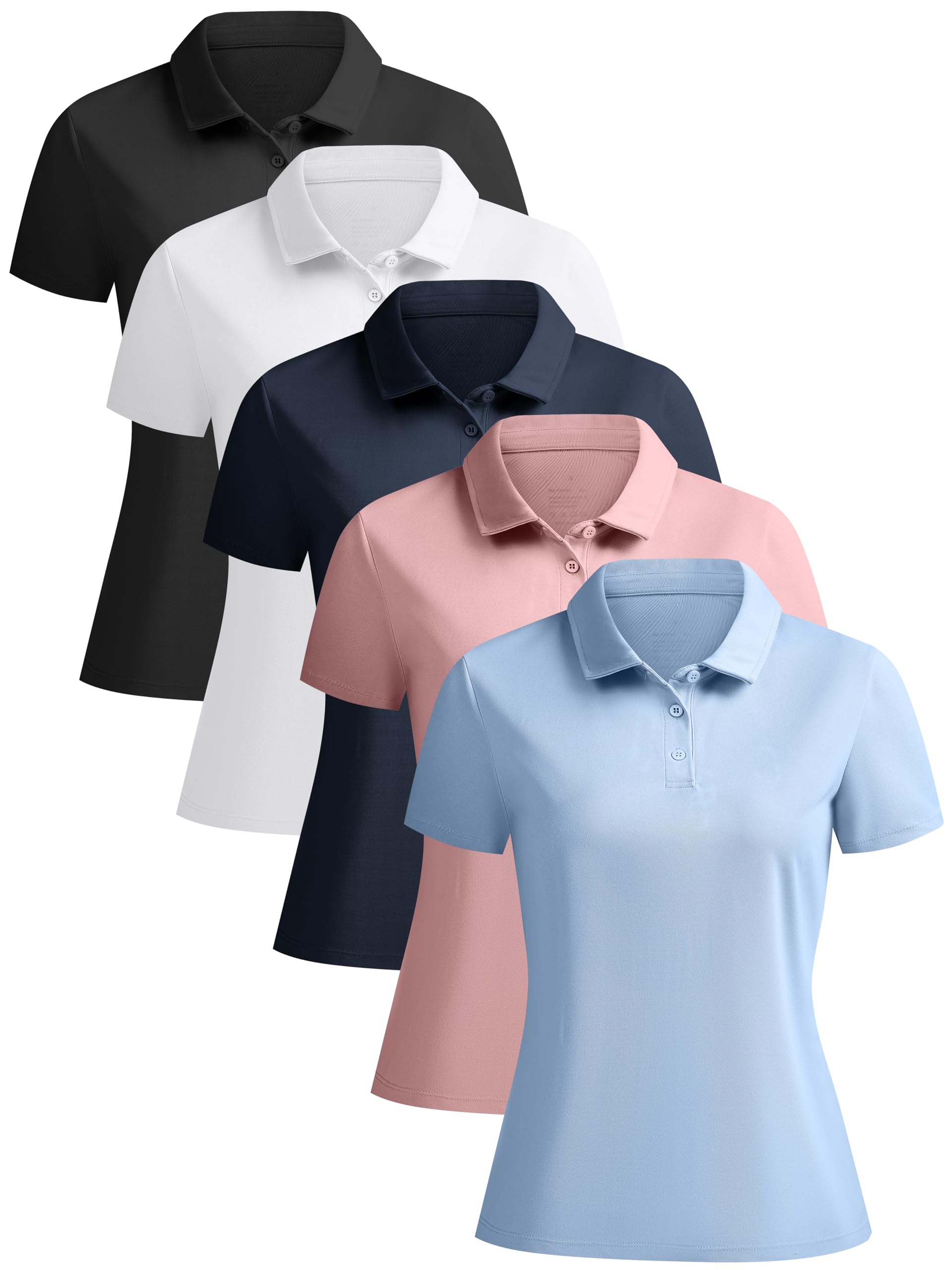5 Pack Women's Polo Shirts Short Sleeve 3 Buttons Collared Uniform Tops Moisture-Wicking T-Shirts for Work & Casual