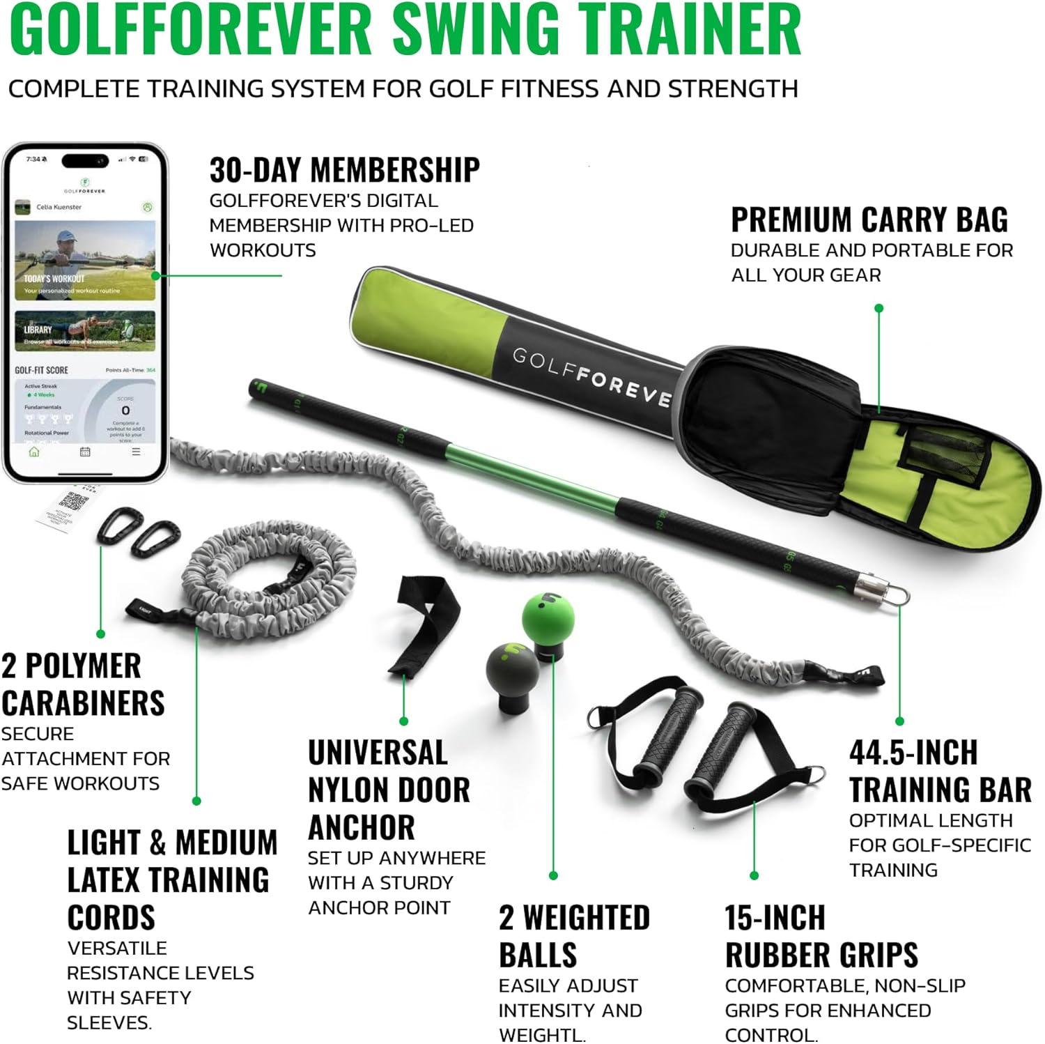 GolfForever Swing Trainer – Golf Training & Fitness System for Strength, Flexibility & Swing Power – Includes 30-Day Membership & Training Bar for Golf-Specific Workouts