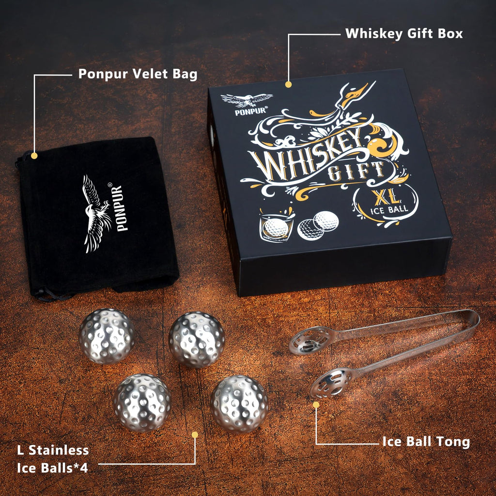 PONPUR Men's Golfer Gifts, Valentines Day Anniversary Birthday Gifts for Dad Him Husband, 4 Whiskey Golf Balls with 1 Tongs, Reusable Stainless Steel Golf Ice Balls Whiskey Gift for Golf Lover