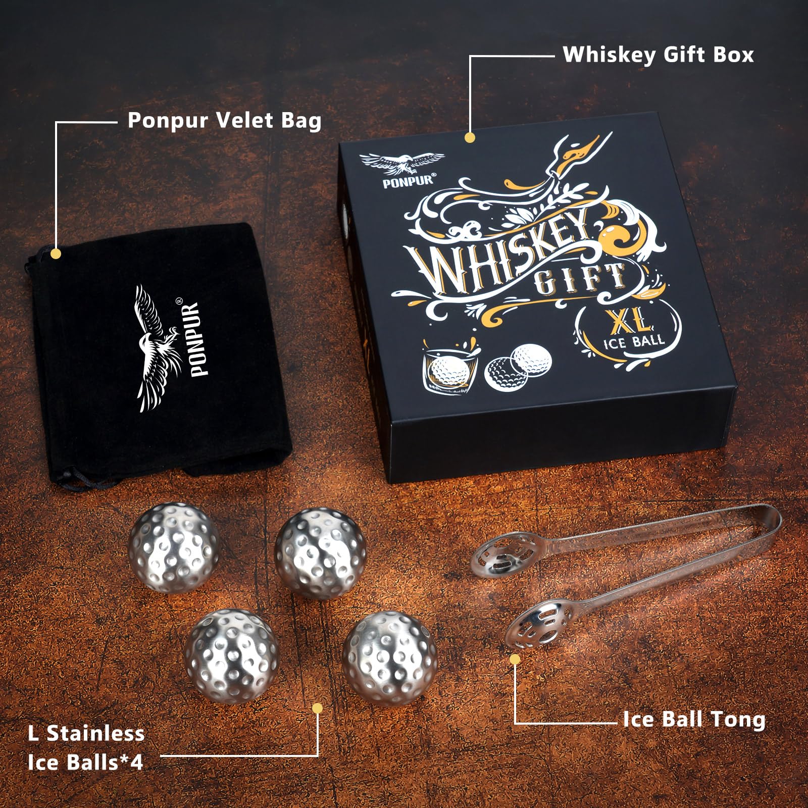 PONPUR Men's Golfer Gifts, Valentines Day Anniversary Birthday Gifts for Dad Him Husband, 4 Whiskey Golf Balls with 1 Tongs, Reusable Stainless Steel Golf Ice Balls Whiskey Gift for Golf Lover