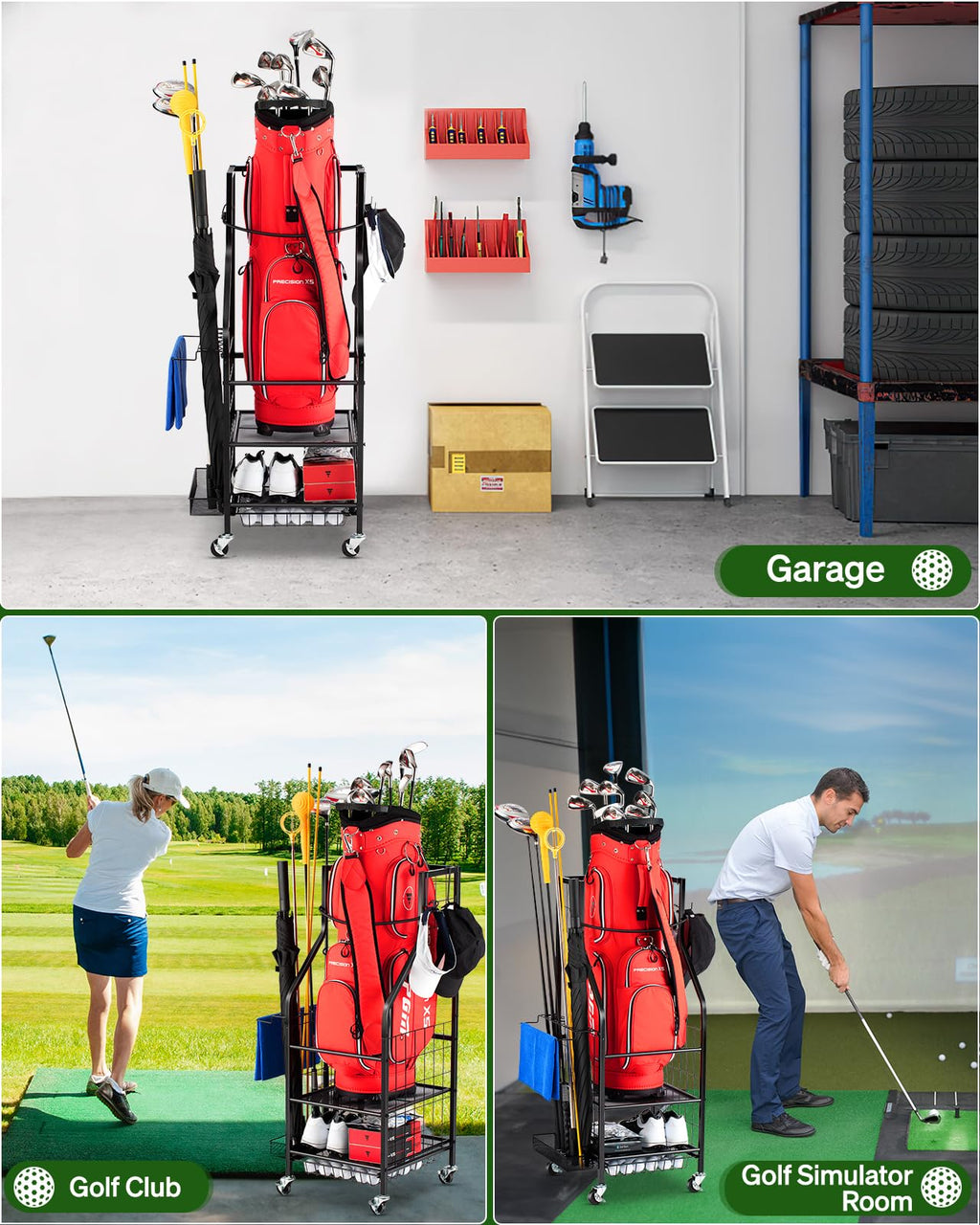 Golf Bags Storage Garage Organizer - Golf Bag Stand Fit Single Golf Bags, Golf Clubs, and Golf Equipment Accessories, Golf Bag Storage Rack with Wheels for Garage, Club, Shed, Basement