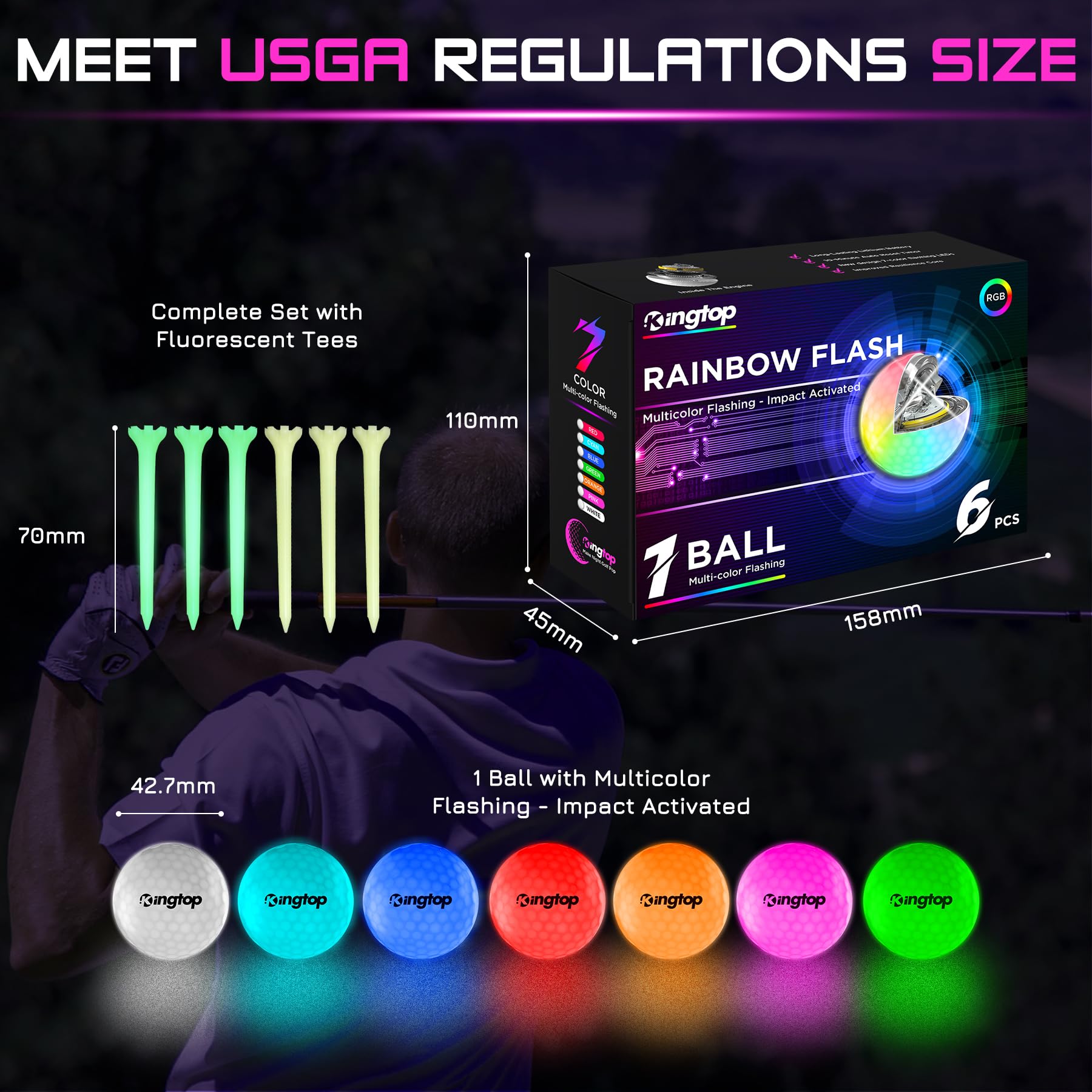 KINGTOP Upgraded Glow in The Dark Golf Balls - Super Bright Light Up LED Golf Ball - with Glow Golf Tees and Storage Bag - Fun Night Golfing Gift for Men and Women | Backyard Putting Greens