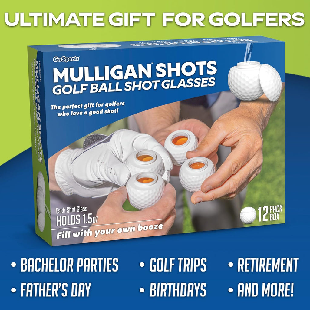 GoSports Mulligan Shots Golf Ball Shot Glasses with Lids - 12 Pack - Funny Golf Gifts for Men