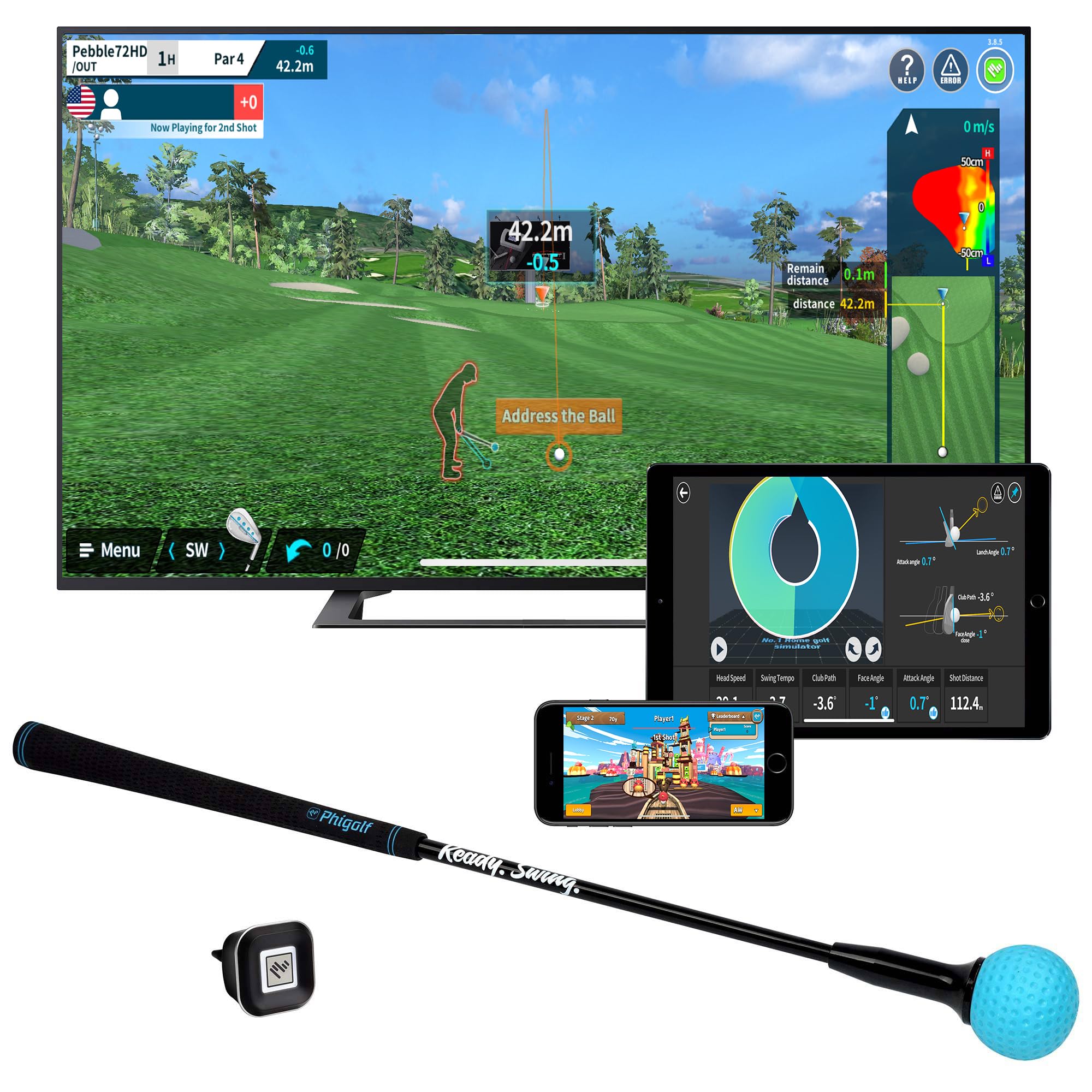 PHIGOLF Home Golf Game Simulator: Enjoy Interactive Golf with Motion Sensor & Swing Stick for Indoor & Outdoor Fun – 38,000+ Courses Worldwide, Compatible with Android, iOS, App & E6 Connect