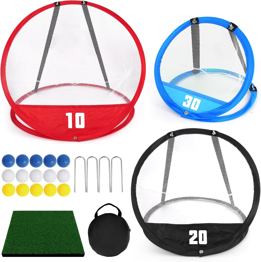 Golf Chipping Net, Golf Chipping Game, 3Pcs Pop-Up Golf Practice Net Backyard with 3 Targets, 15 Balls, 1 Hitting Mat, 1 Storage Bag, Indoor Outdoor Game Gift(Golf Clubs not Included)