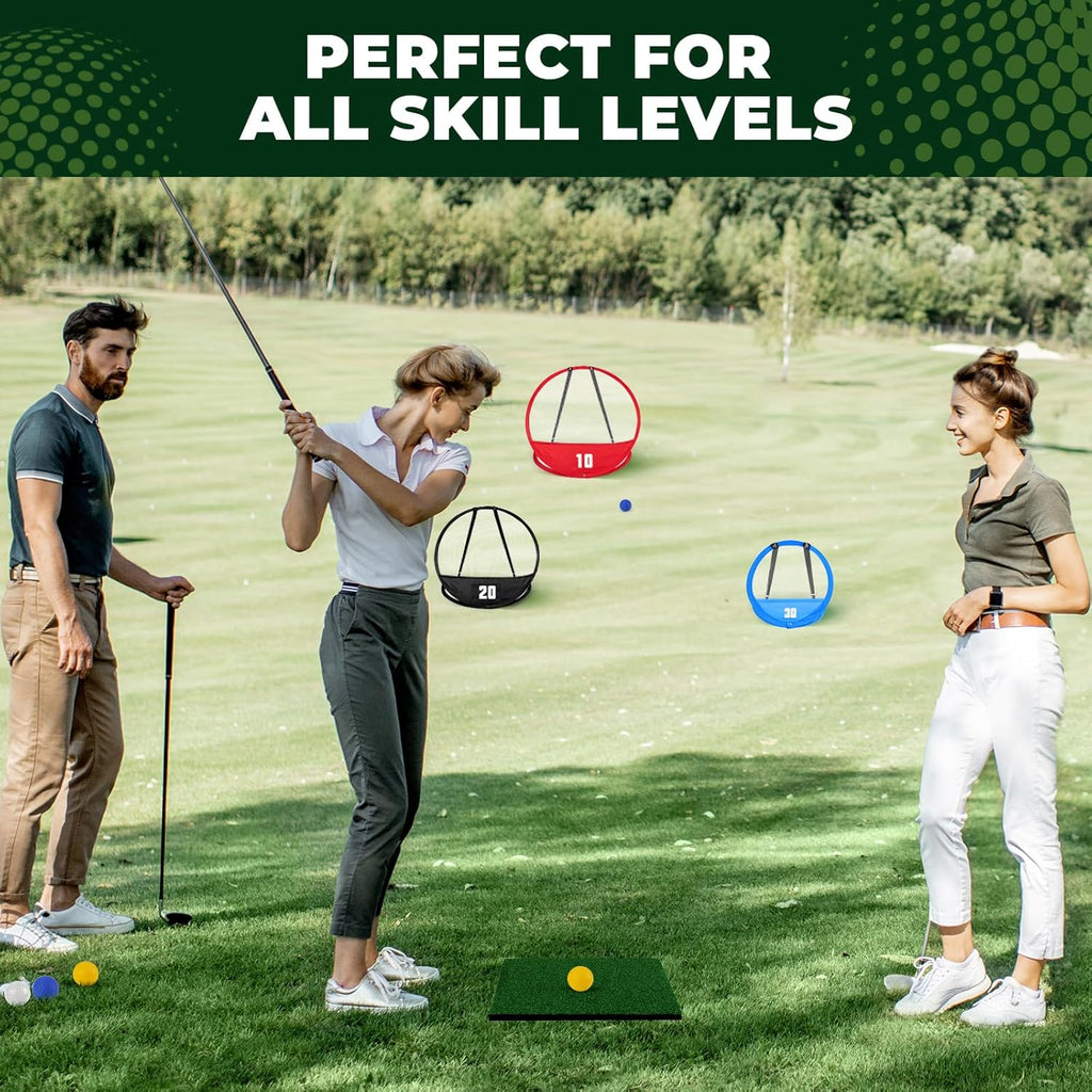 Golf Chipping Net, Golf Chipping Game, 3Pcs Pop-Up Golf Practice Net Backyard with 3 Targets, 15 Balls, 1 Hitting Mat, 1 Storage Bag, Indoor Outdoor Game Gift(Golf Clubs not Included)