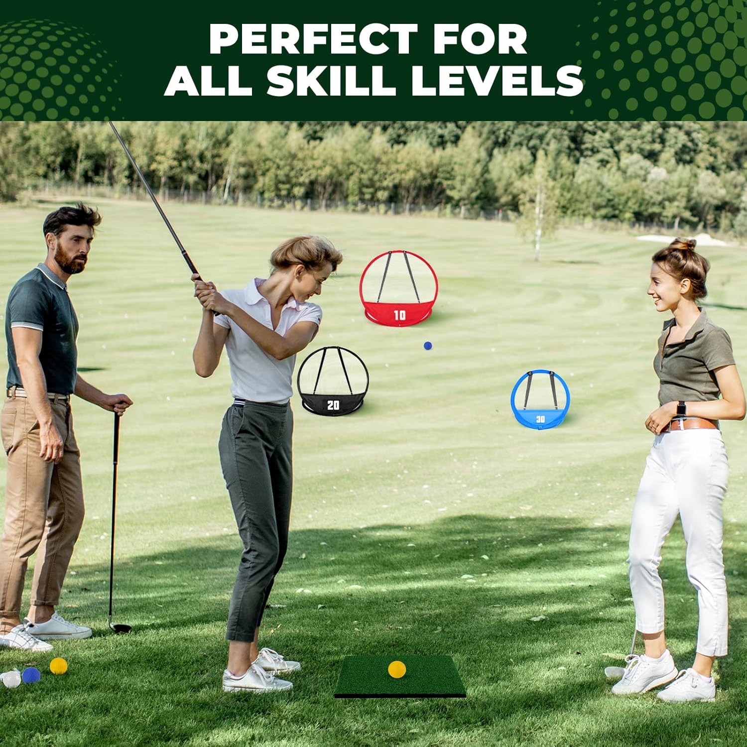 Golf Chipping Net, Golf Chipping Game, 3Pcs Pop-Up Golf Practice Net Backyard with 3 Targets, 15 Balls, 1 Hitting Mat, 1 Storage Bag, Indoor Outdoor Game Gift(Golf Clubs not Included)