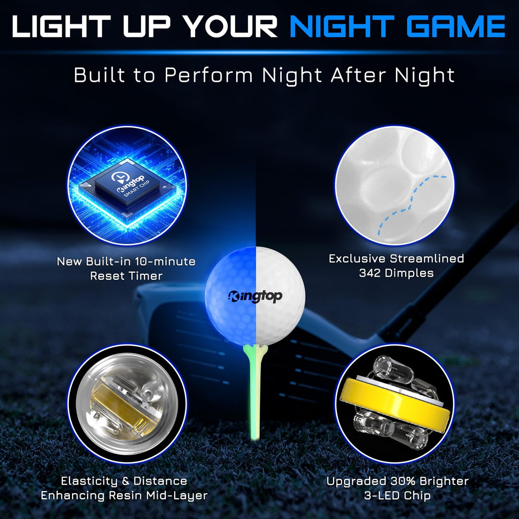 KINGTOP Upgraded Glow in The Dark Golf Balls - Super Bright Light Up LED Golf Ball - with Glow Golf Tees and Storage Bag - Fun Night Golfing Gift for Men and Women | Backyard Putting Greens